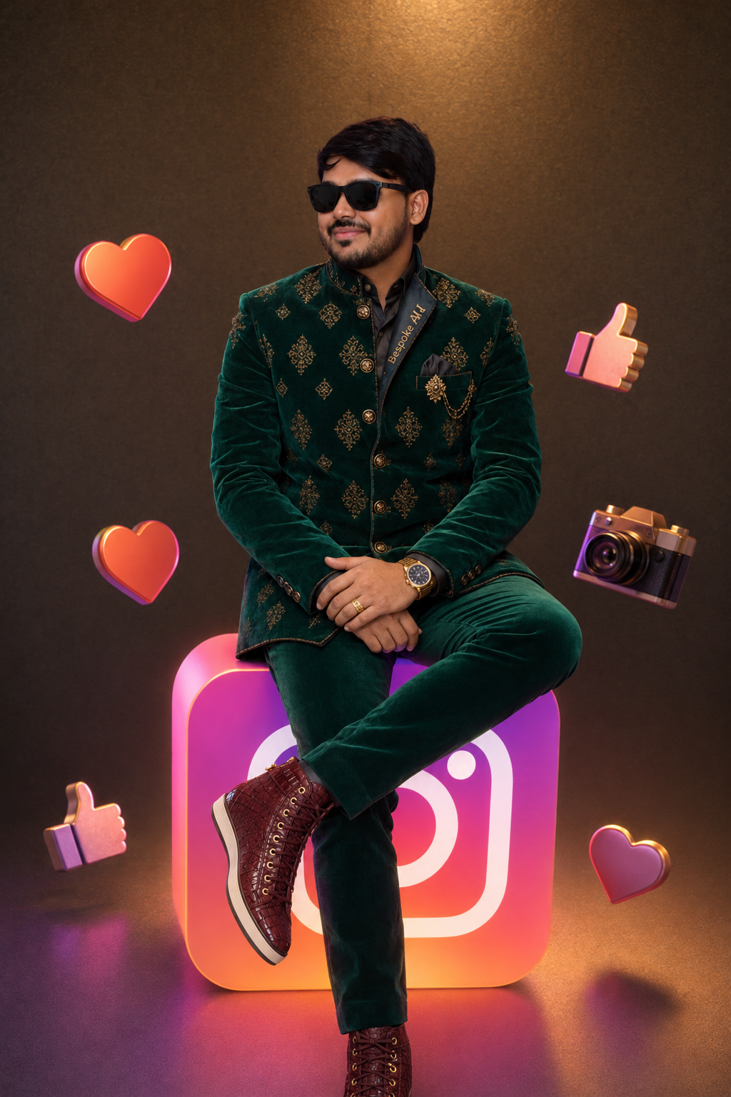 Luxury 3D Instagram Creator Portrait — Emerald Nehru Jacket & Floating Icons