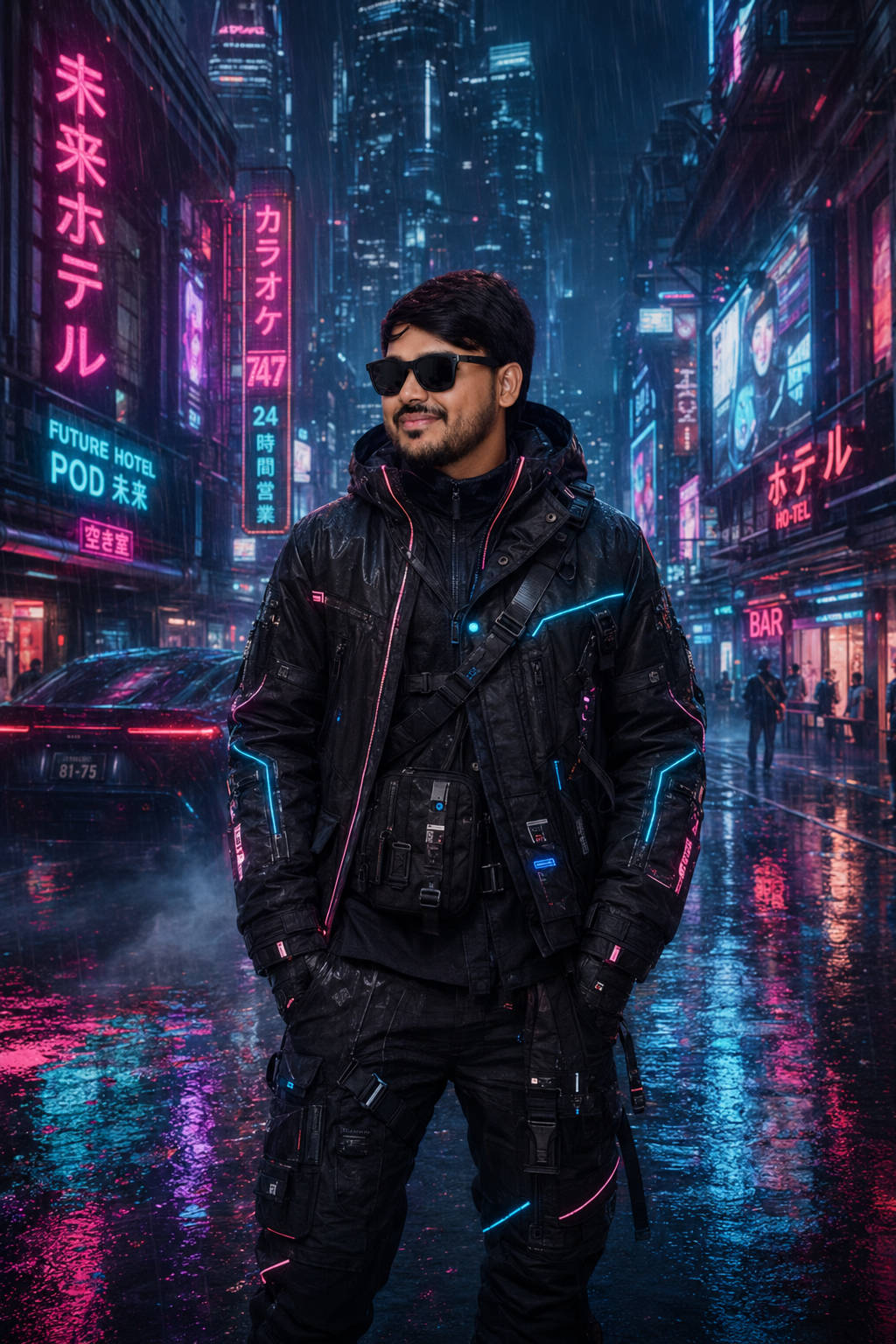 Neo-Tokyo Cyberpunk Techwear Portrait — Rainy Night Neon Street