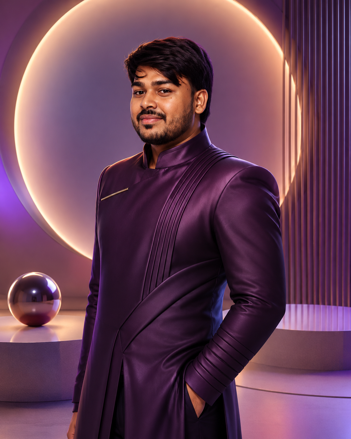 Futuristic 3D Render Portrait — Purple Suit Halo Studio ChatGPT Prompt
