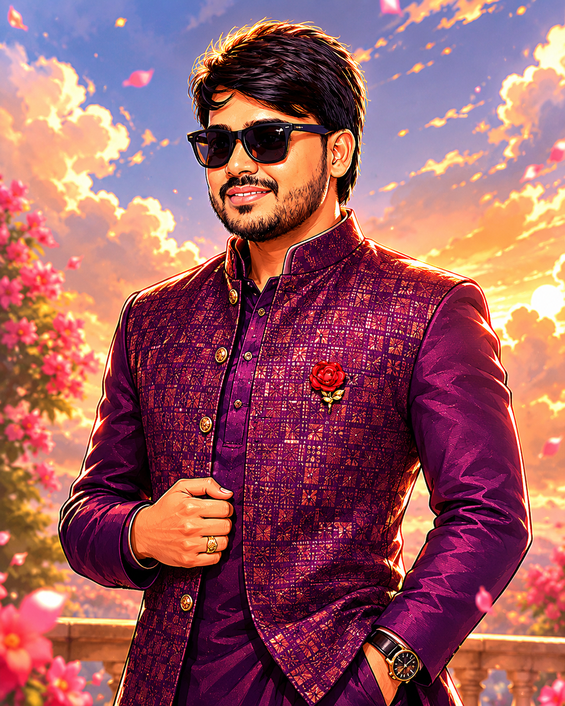 Anime Hero Portrait — Purple Nehru Jacket Dramatic Sunset Sky ChatGPT Prompt