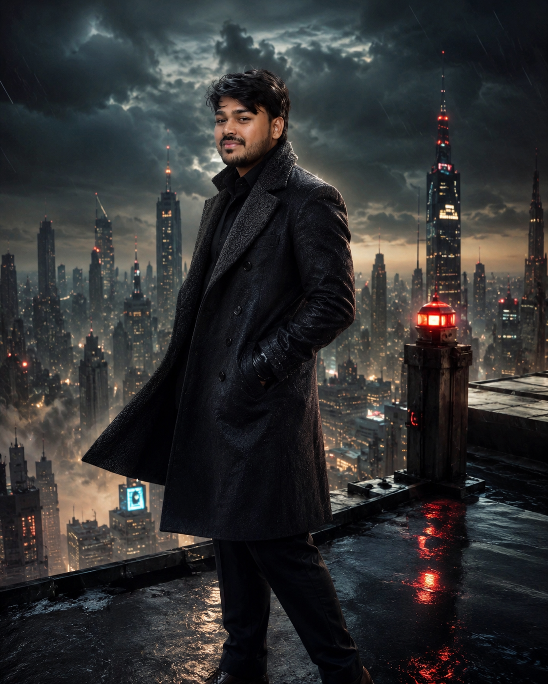 Futuristic Rooftop Cinematic Portrait — Charcoal Overcoat Storm City ChatGPT Prompt