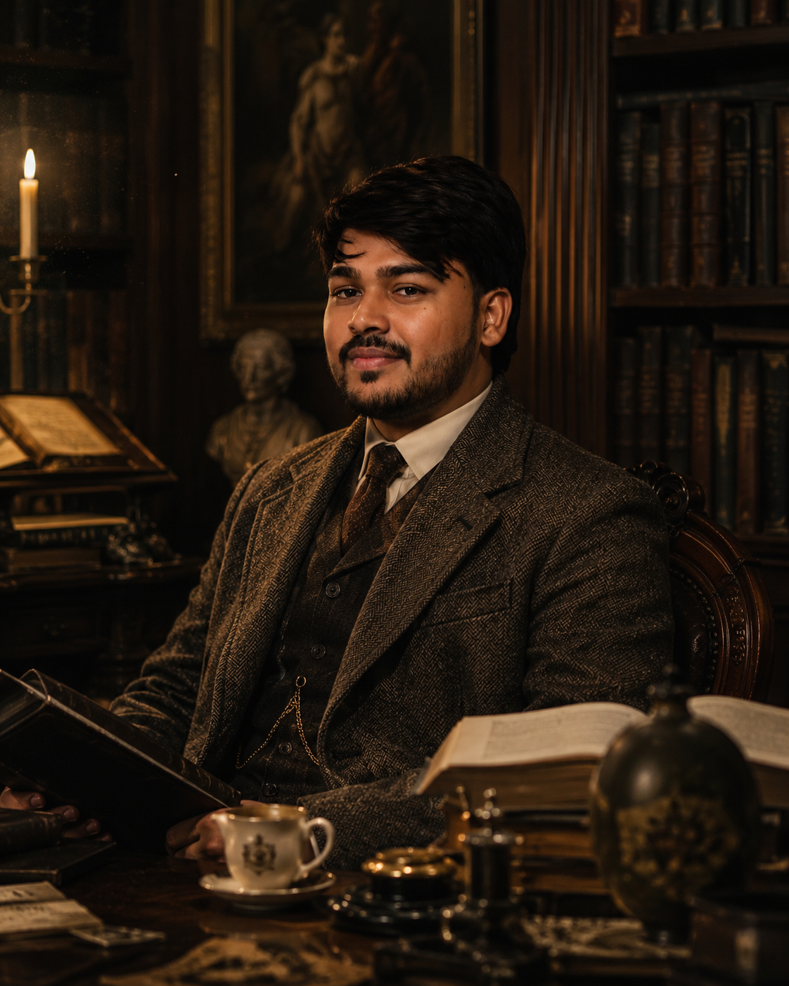 Dark Academia Portrait — Grand Library Tweed Candlelight ChatGPT Prompt