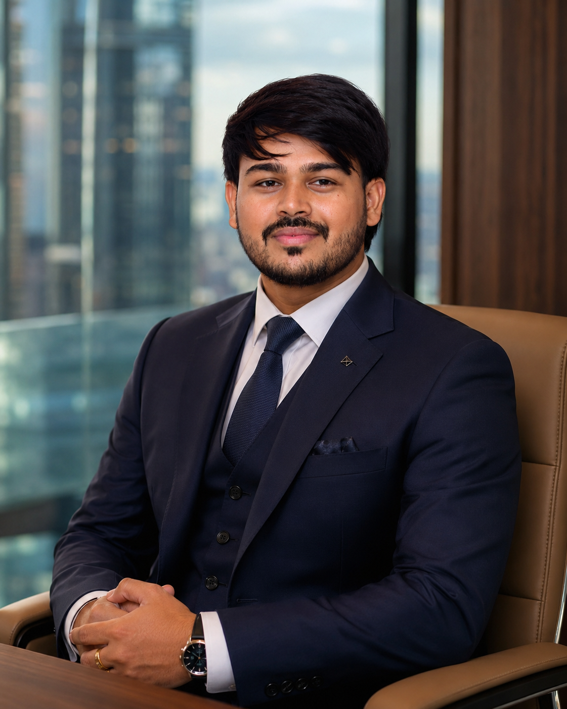Professional AI Headshot — Navy Suit Dubai Skyline Corporate ChatGPT Prompt