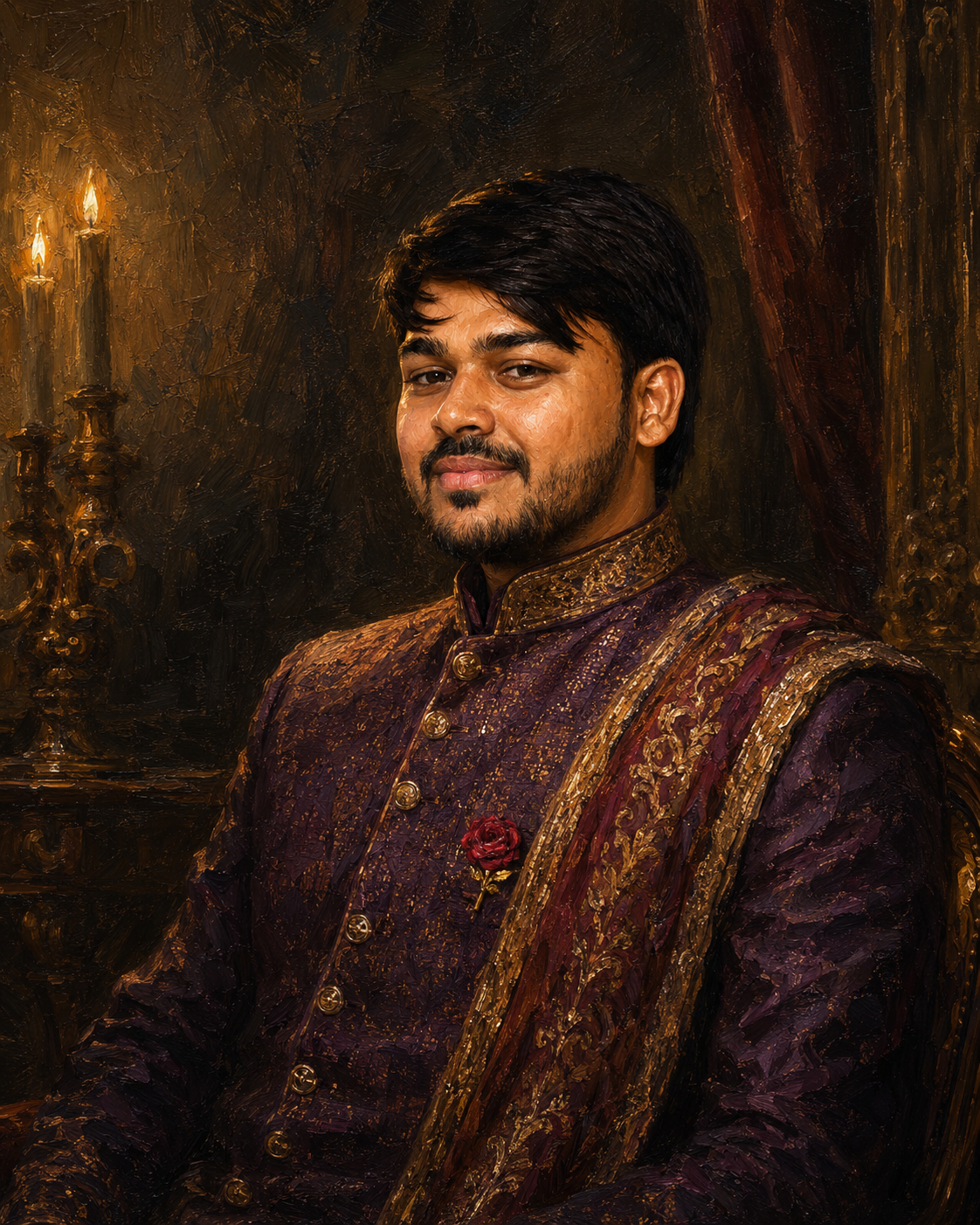 Regal Oil Painting Portrait — Royal Sherwani Candlelit Masterpiece ChatGPT Prompt
