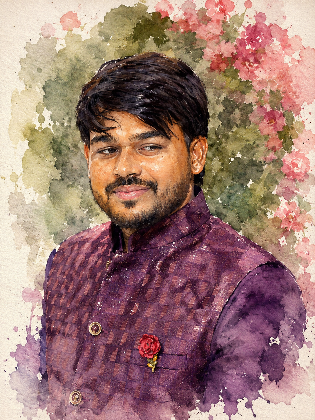Watercolor Floral Portrait — Purple Nehru Jacket Rose Garden ChatGPT Prompt